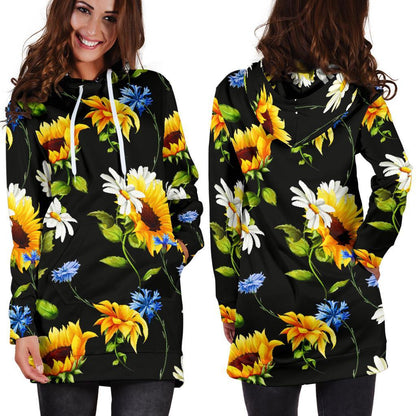 Sunflower Chamomile Pattern Print Hoodie Dress GearFrost