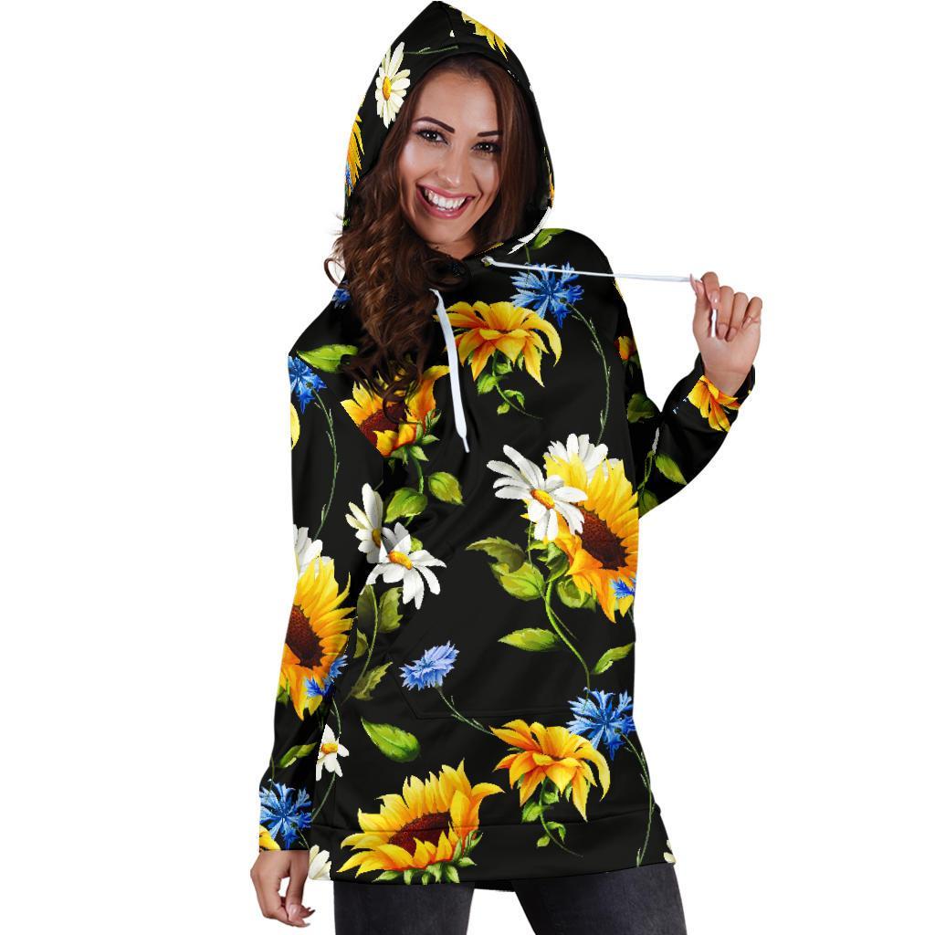 Sunflower Chamomile Pattern Print Hoodie Dress GearFrost
