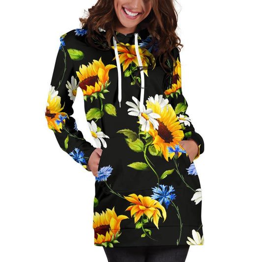 Sunflower Chamomile Pattern Print Hoodie Dress GearFrost