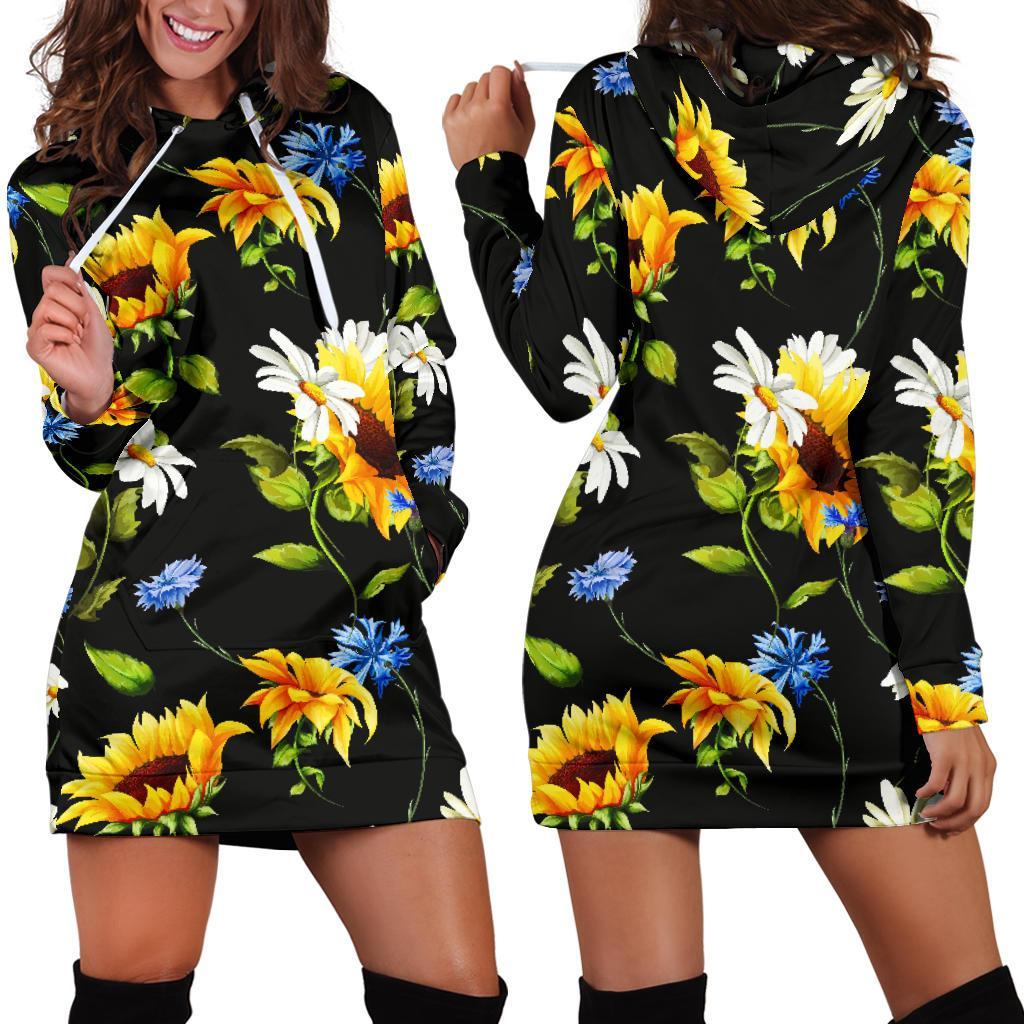 Sunflower Chamomile Pattern Print Hoodie Dress GearFrost