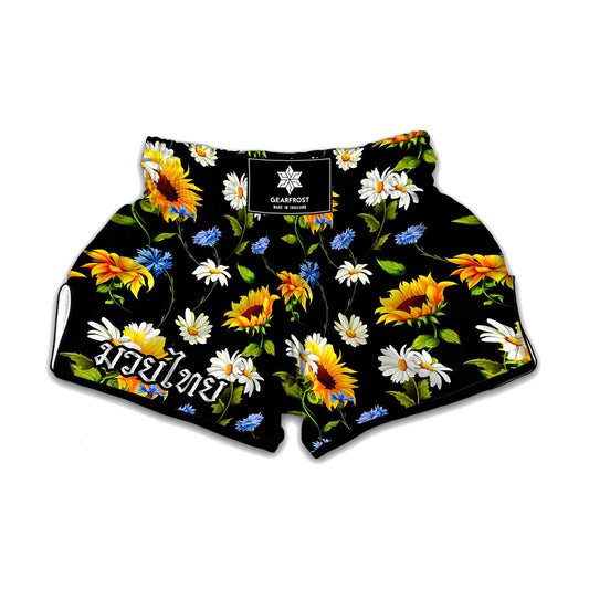 Sunflower Chamomile Pattern Print Muay Thai Boxing Shorts