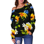 Sunflower Chamomile Pattern Print Off Shoulder Sweatshirt GearFrost