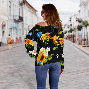 Sunflower Chamomile Pattern Print Off Shoulder Sweatshirt GearFrost