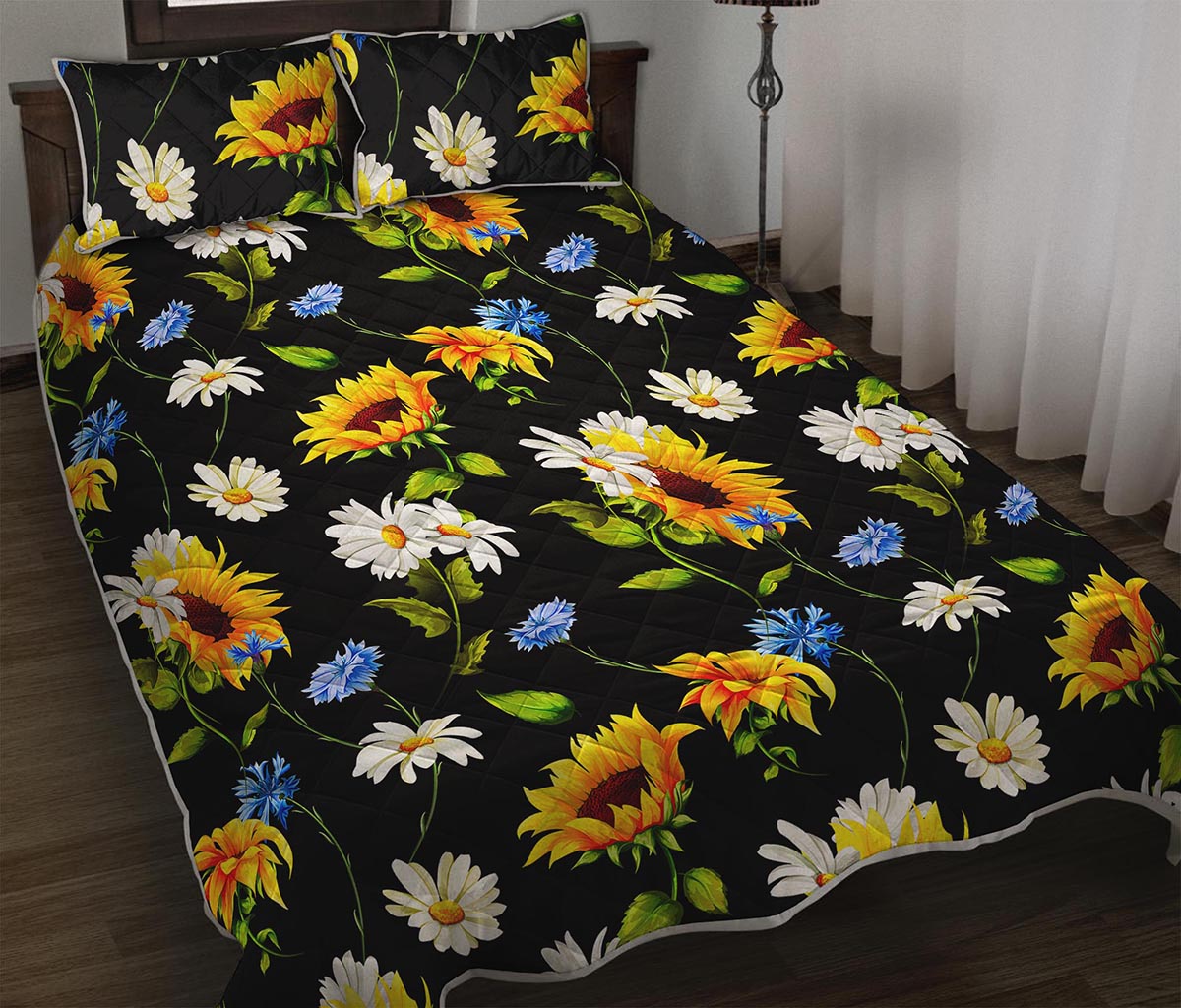 Sunflower Chamomile Pattern Print Quilt Bed Set