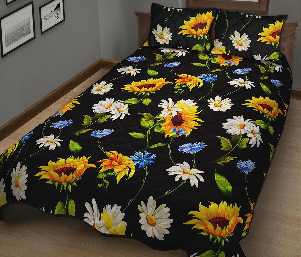 Sunflower Chamomile Pattern Print Quilt Bed Set