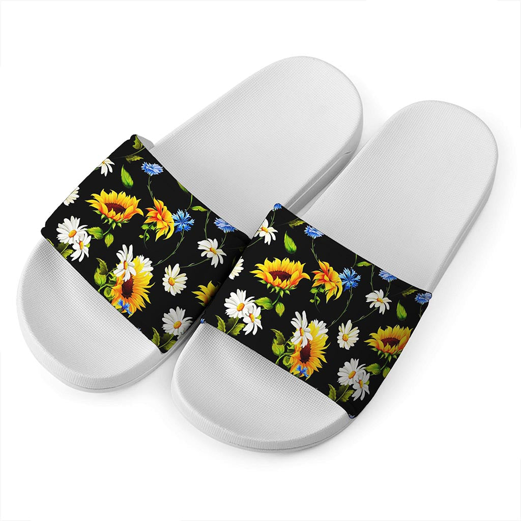 Sunflower Chamomile Pattern Print White Slide Sandals