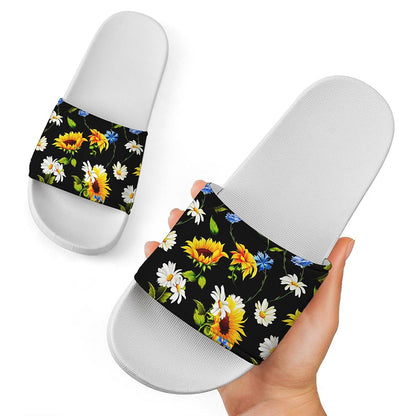 Sunflower Chamomile Pattern Print White Slide Sandals