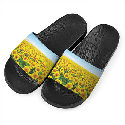 Sunflower Field Print Black Slide Sandals