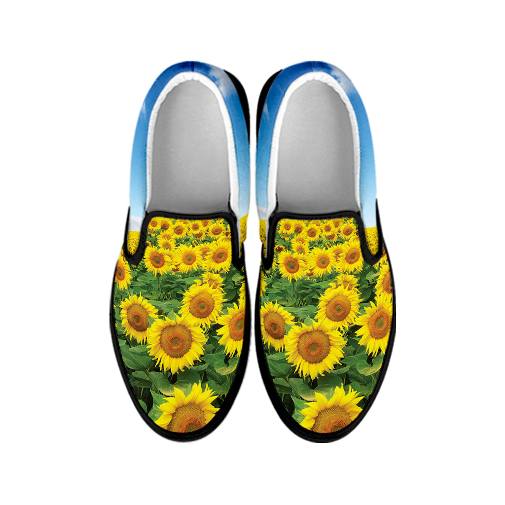 Sunflower Field Print Black Slip On Shoes