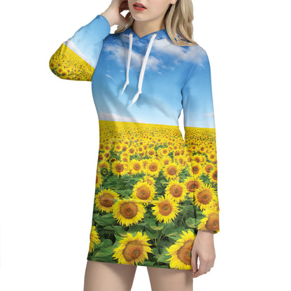 Sunflower Field Print Hoodie Dress