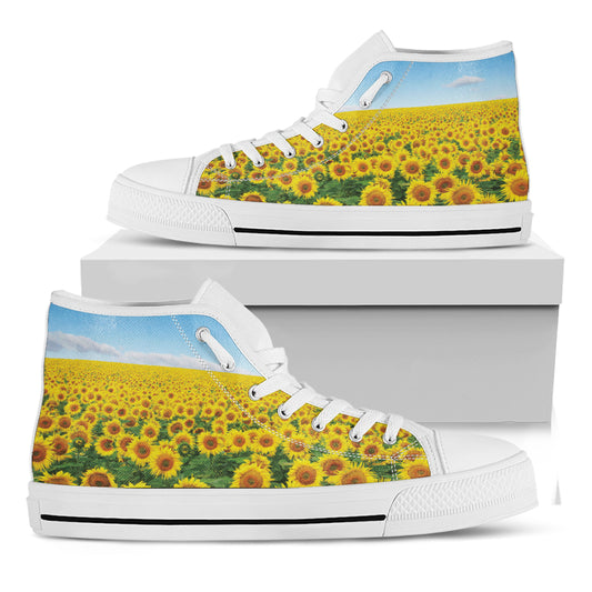Sunflower Field Print White High Top Shoes