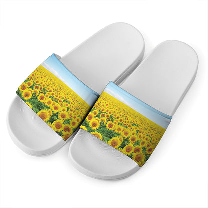 Sunflower Field Print White Slide Sandals