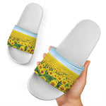 Sunflower Field Print White Slide Sandals