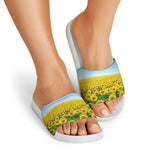 Sunflower Field Print White Slide Sandals