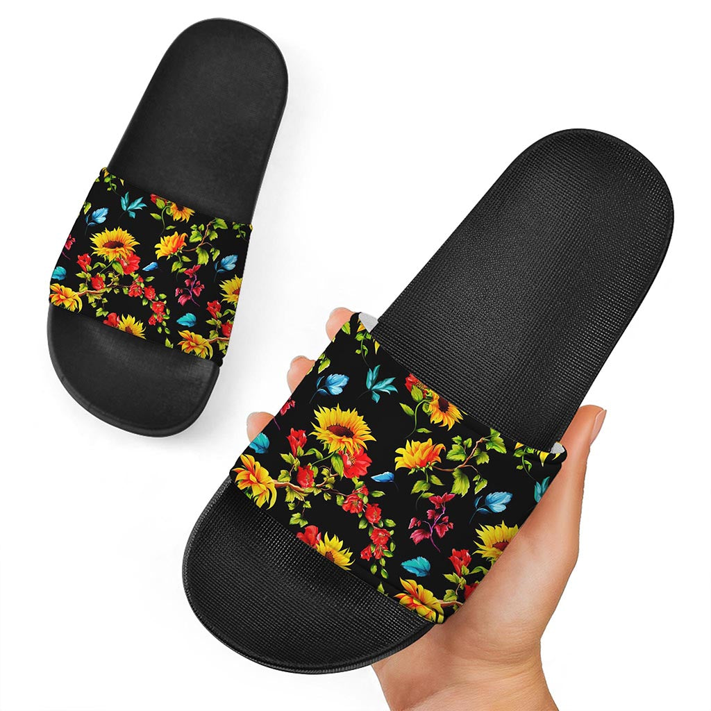Sunflower Floral Pattern Print Black Slide Sandals