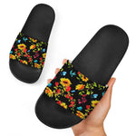Sunflower Floral Pattern Print Black Slide Sandals
