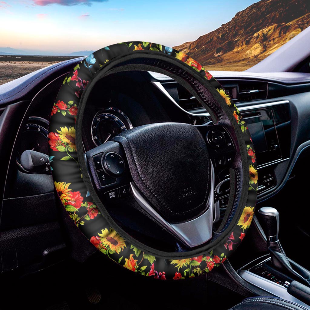 Sunflower Floral Pattern Print Car Steering Wheel Cover