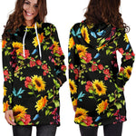 Sunflower Floral Pattern Print Hoodie Dress GearFrost