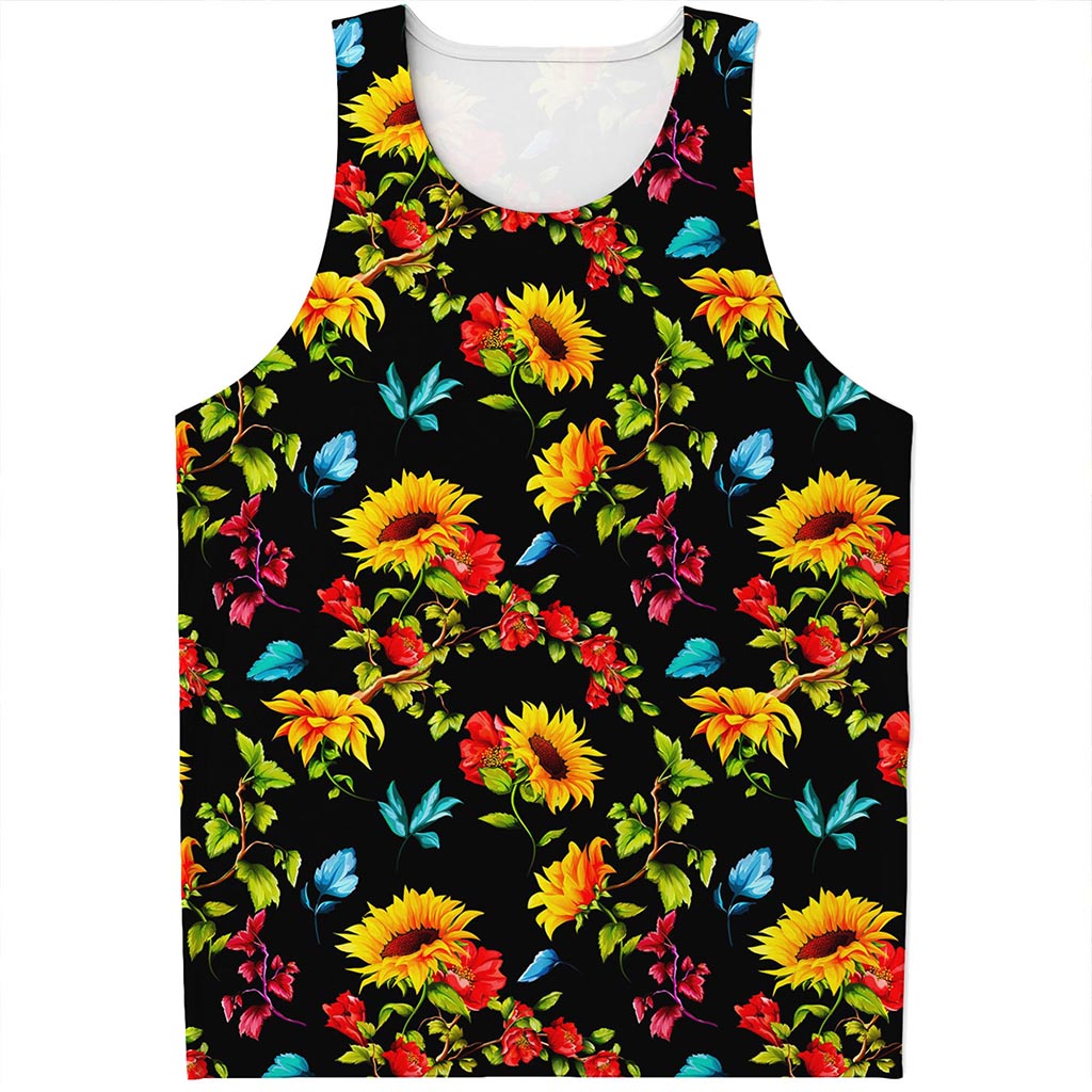 Sunflower Floral Pattern Print Men's Tank Top