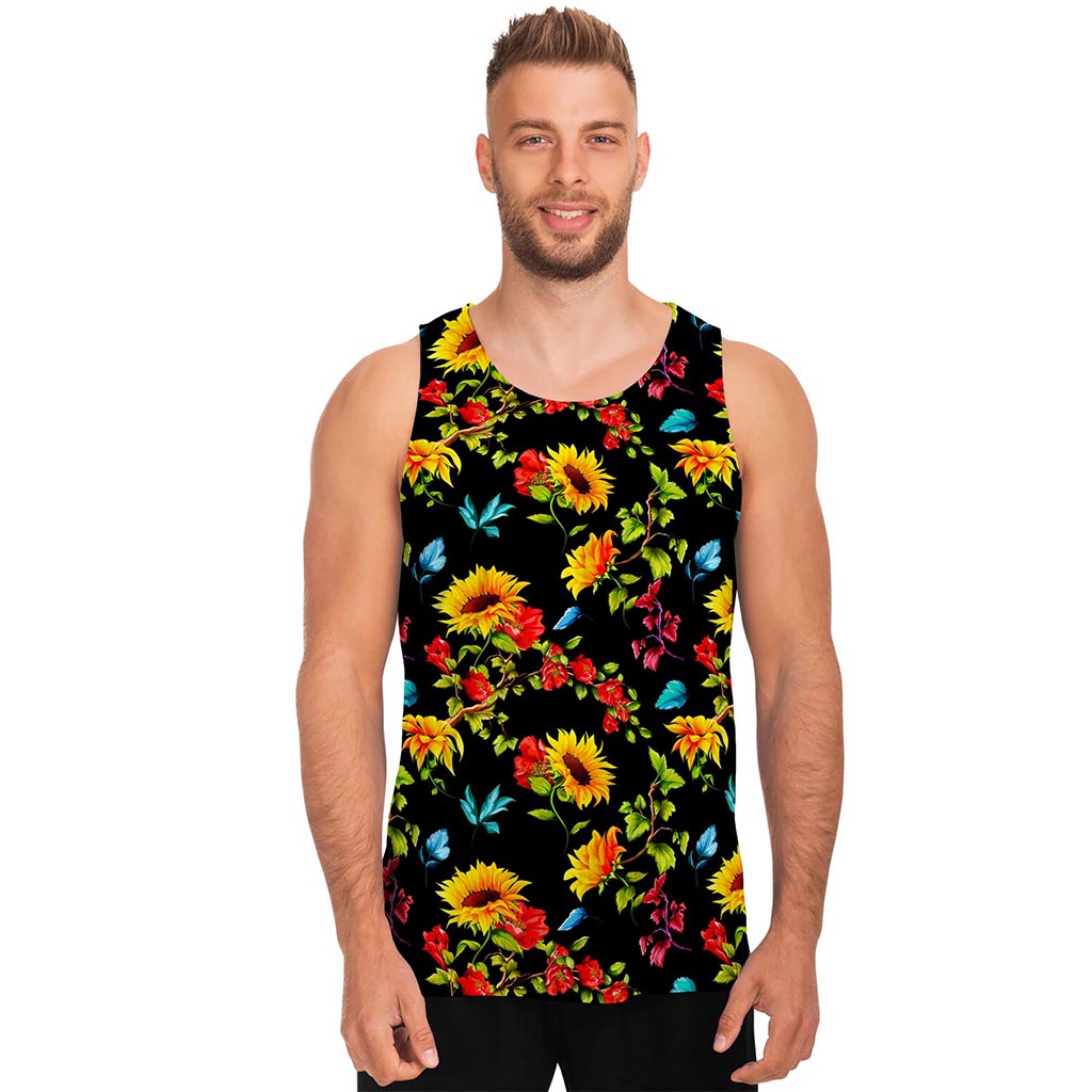 Sunflower Floral Pattern Print Men's Tank Top