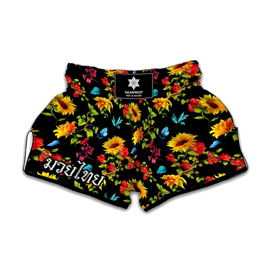 Sunflower Floral Pattern Print Muay Thai Boxing Shorts