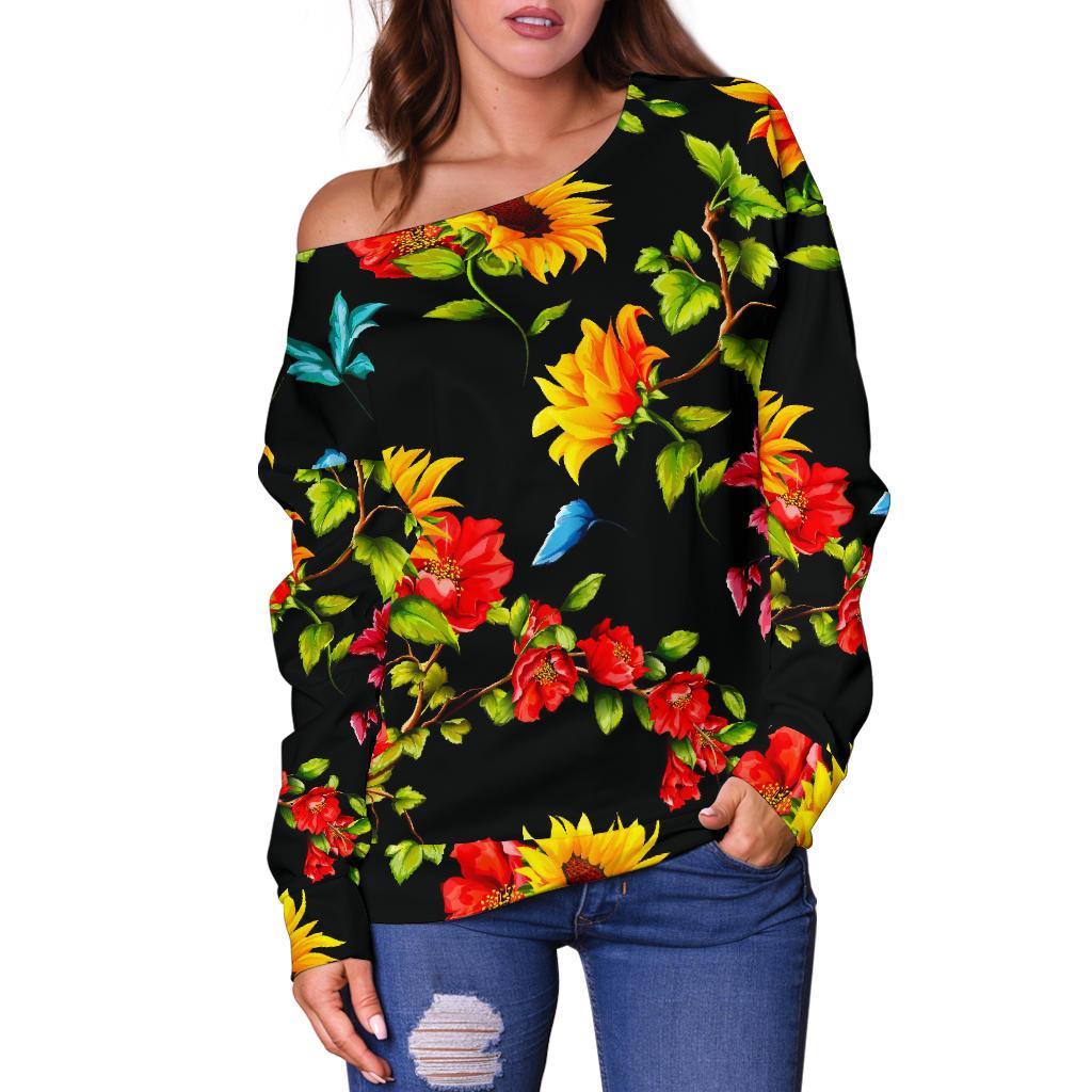 Sunflower Floral Pattern Print Off Shoulder Sweatshirt GearFrost