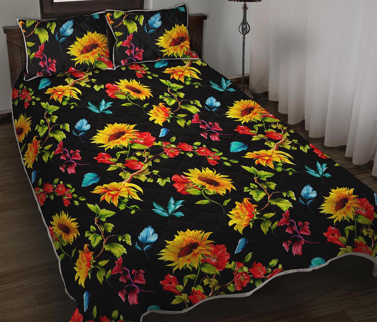 Sunflower Floral Pattern Print Quilt Bed Set