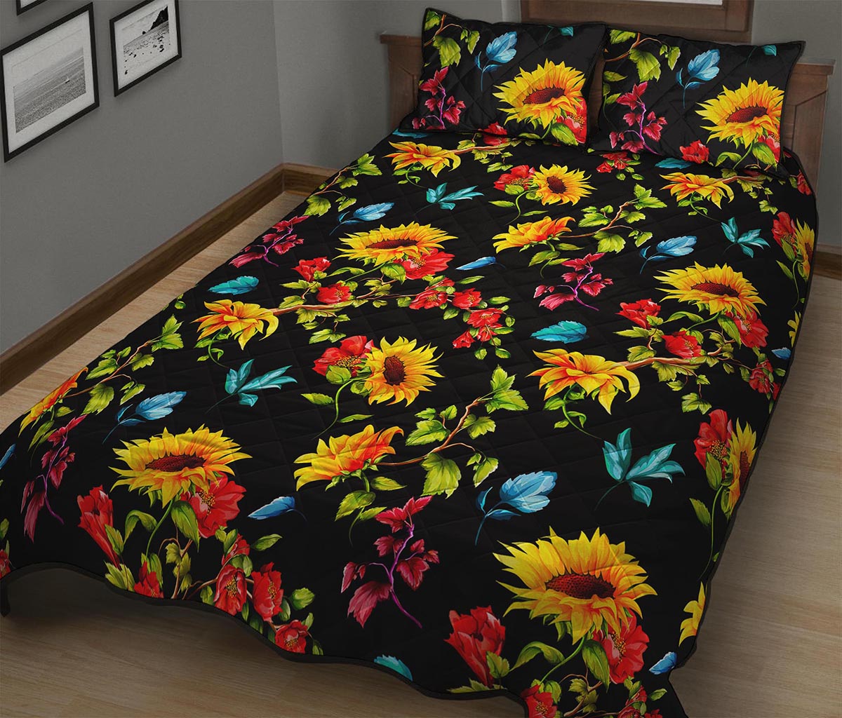 Sunflower Floral Pattern Print Quilt Bed Set