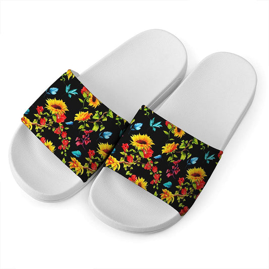 Sunflower Floral Pattern Print White Slide Sandals