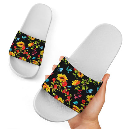 Sunflower Floral Pattern Print White Slide Sandals
