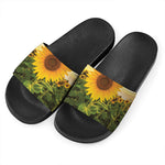 Sunflower Landscape Print Black Slide Sandals