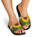 Sunflower Landscape Print Black Slide Sandals