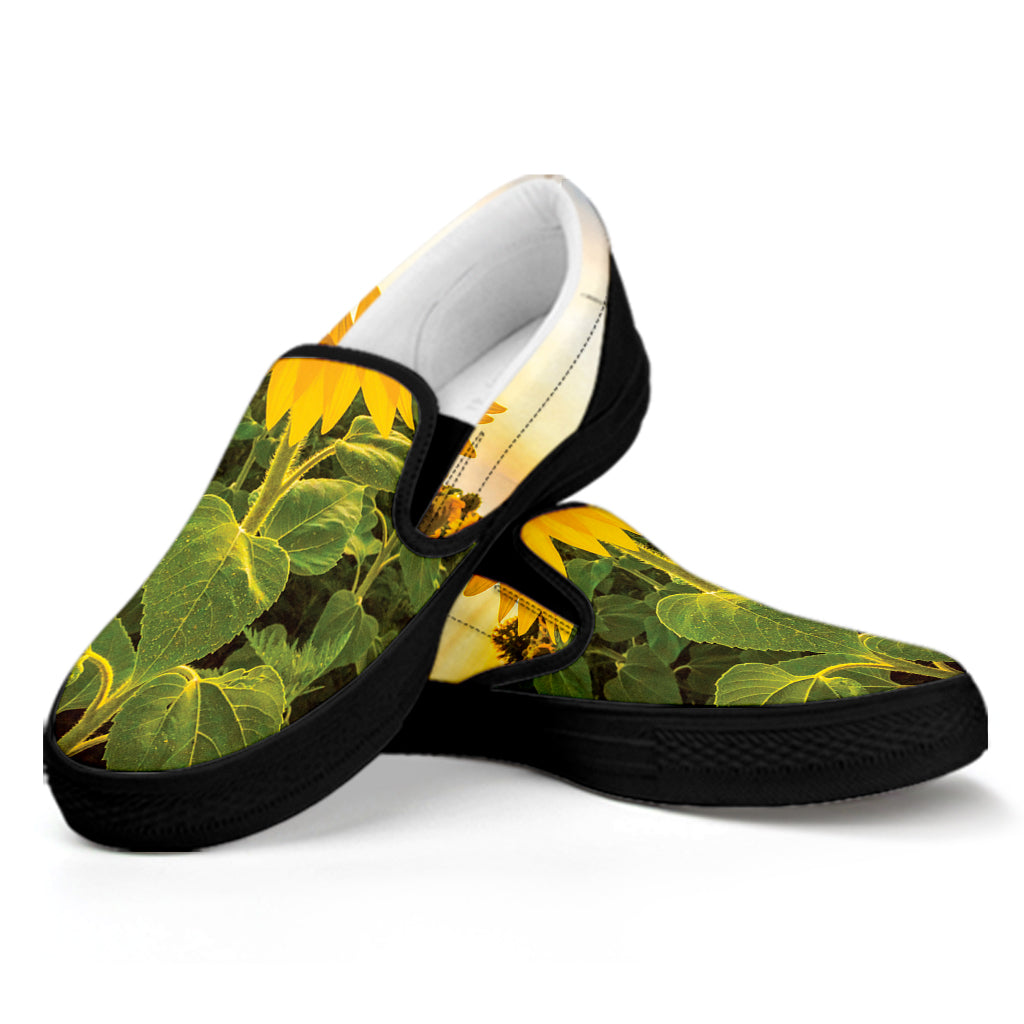 Sunflower Landscape Print Black Slip On Shoes