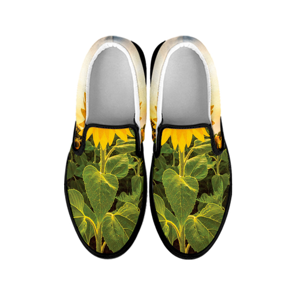 Sunflower Landscape Print Black Slip On Shoes