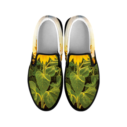 Sunflower Landscape Print Black Slip On Shoes