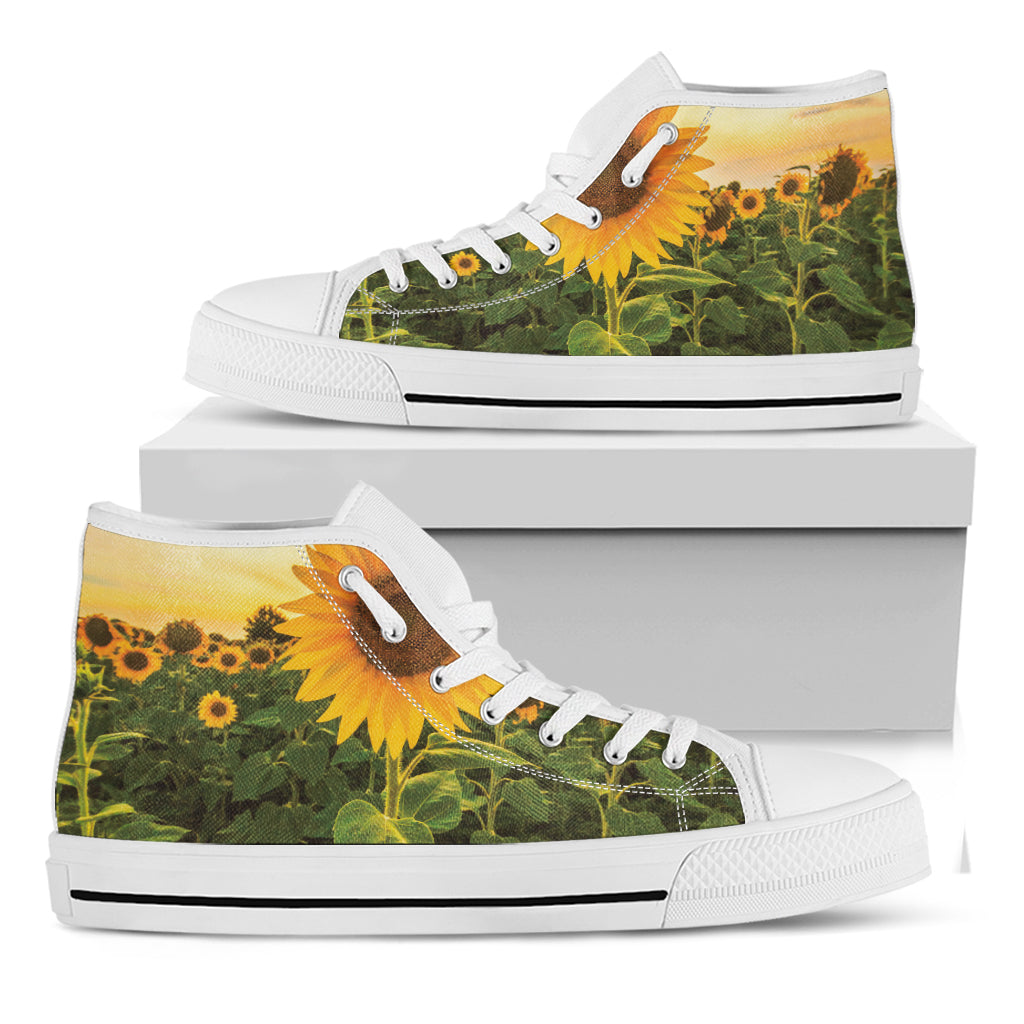 Sunflower Landscape Print White High Top Shoes