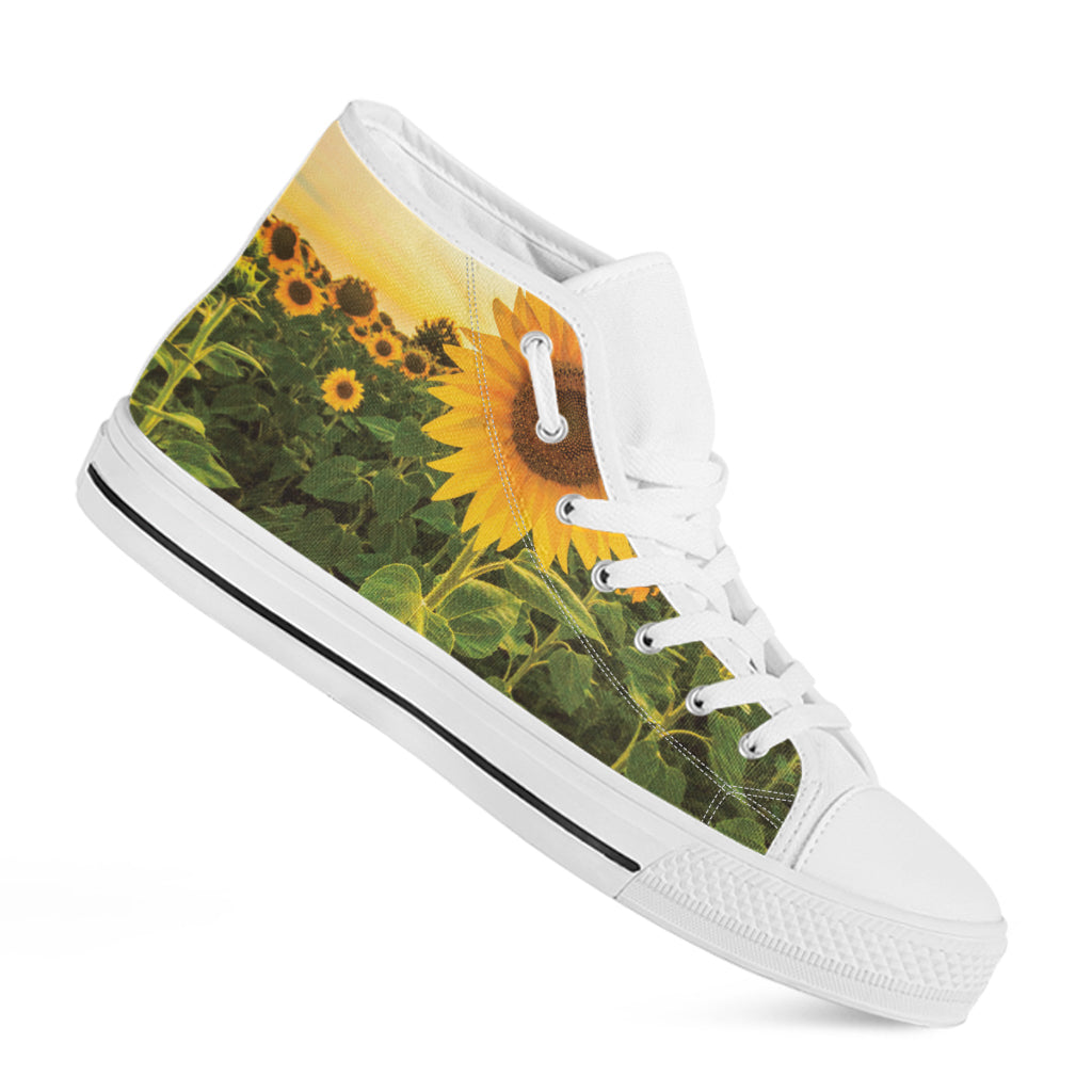 Sunflower Landscape Print White High Top Shoes