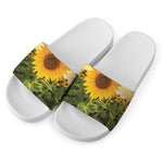 Sunflower Landscape Print White Slide Sandals