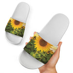 Sunflower Landscape Print White Slide Sandals