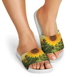 Sunflower Landscape Print White Slide Sandals