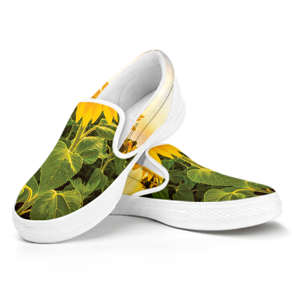 Sunflower Landscape Print White Slip On Shoes