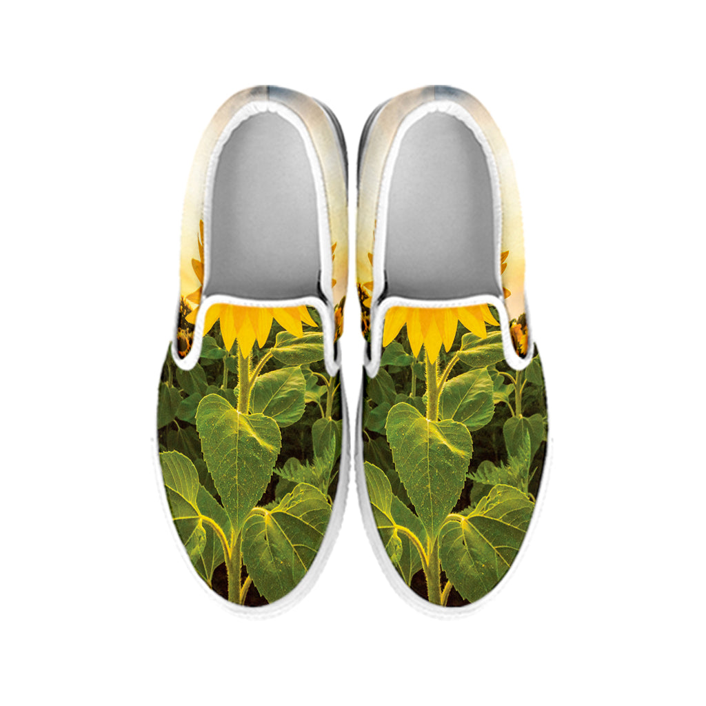 Sunflower Landscape Print White Slip On Shoes