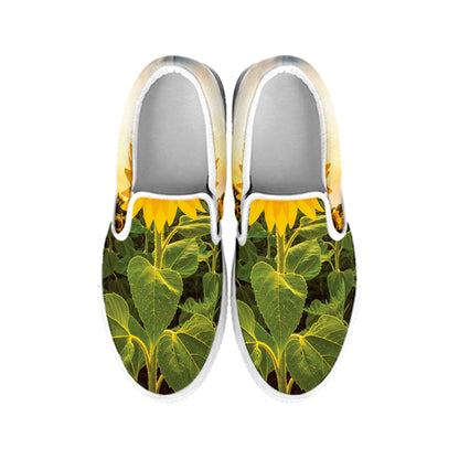 Sunflower Landscape Print White Slip On Shoes