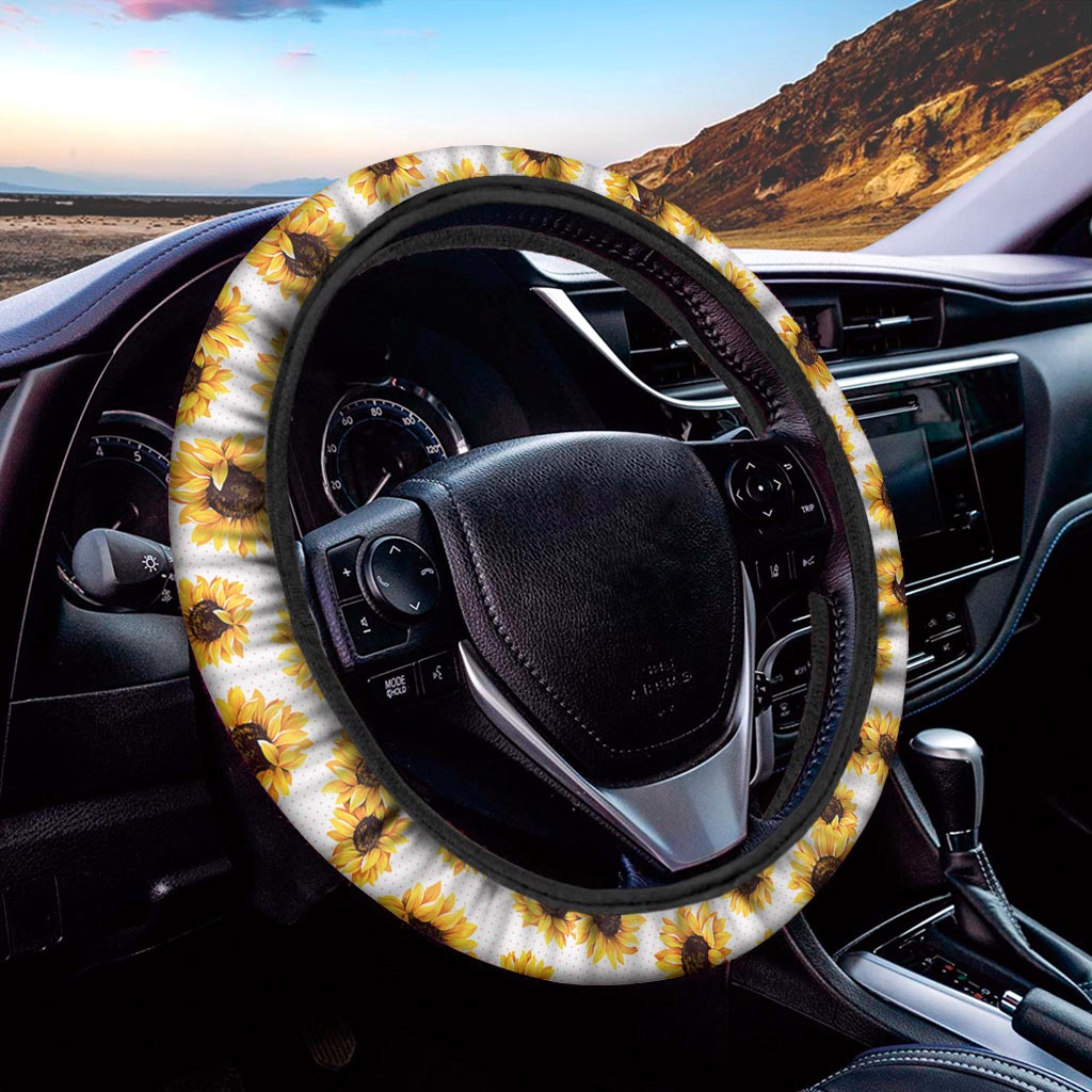 Sunflower Polka Dot Pattern Print Car Steering Wheel Cover
