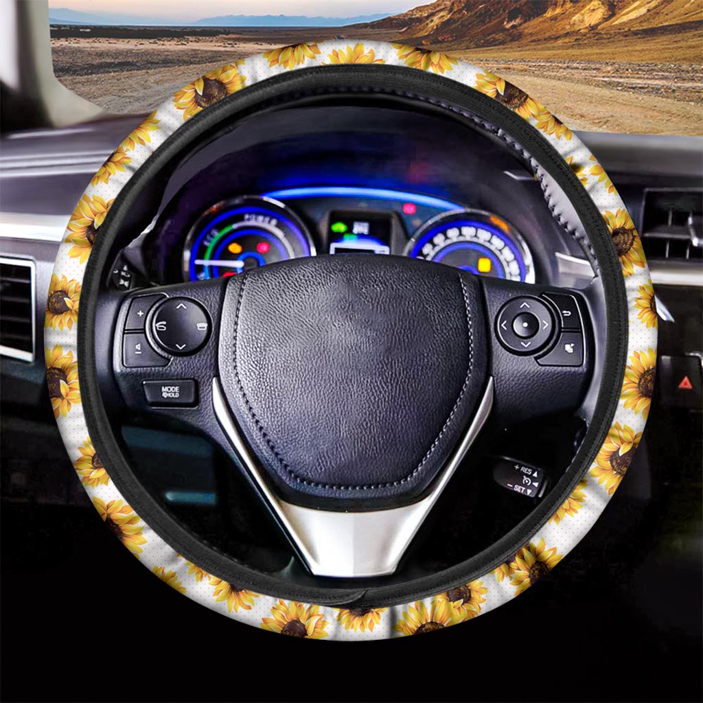 Sunflower Polka Dot Pattern Print Car Steering Wheel Cover