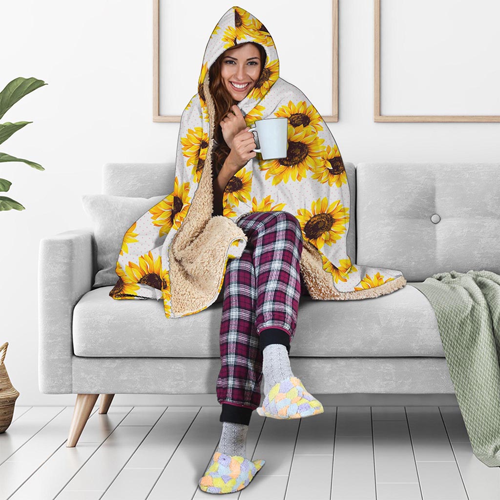 Sunflower Polka Dot Pattern Print Hooded Blanket