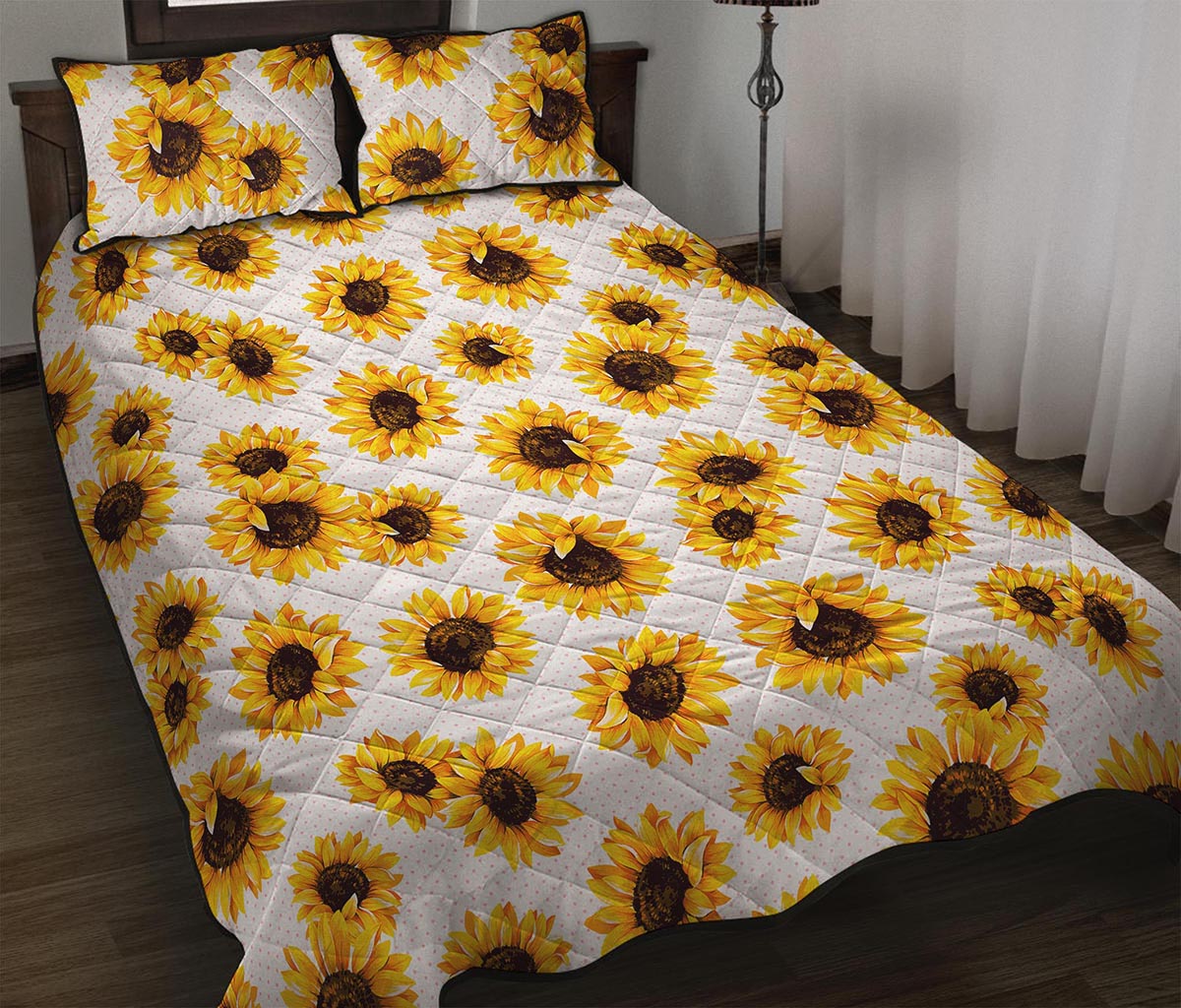 Sunflower Polka Dot Pattern Print Quilt Bed Set