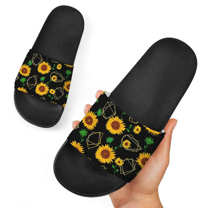 Sunflower Polygonal Pattern Print Black Slide Sandals