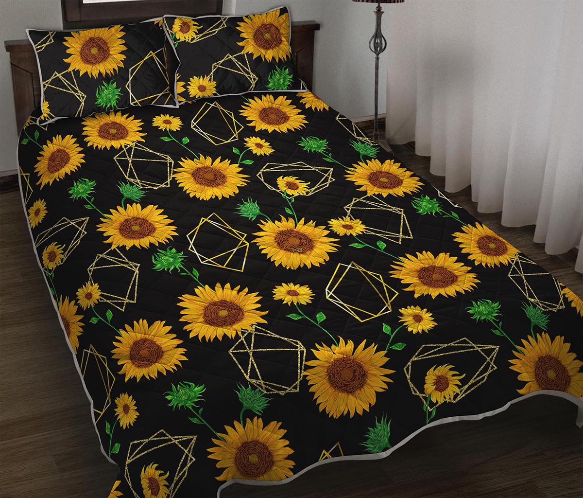 Sunflower Polygonal Pattern Print Quilt Bed Set