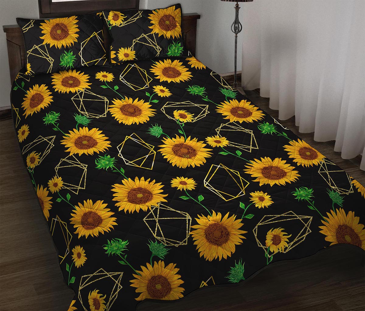 Sunflower Polygonal Pattern Print Quilt Bed Set
